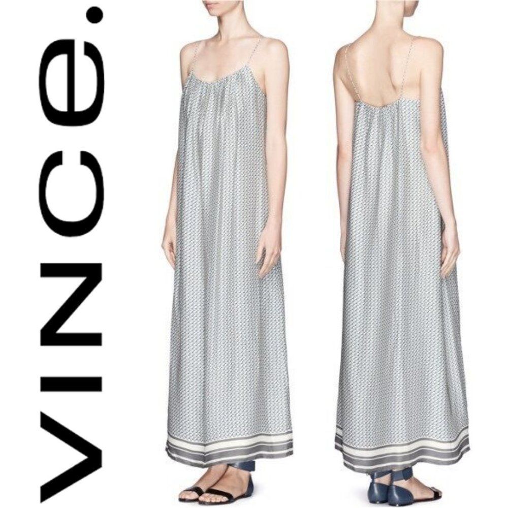 Vince Silk Maxi Strap Dress Geometric Print with Border Blue Gray Boho Coastal